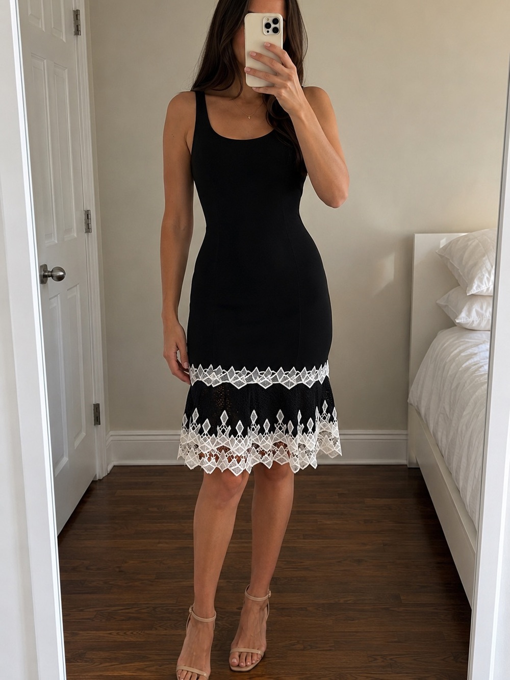 Jonathan Simkhai Black Midi Dress with White Lace Hem